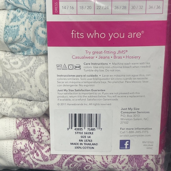 JMS Just My Size Lace Effects Cotton Briefs Plus Sz 14 Underwear Panties 5 Pairs - Picture 14 of 16